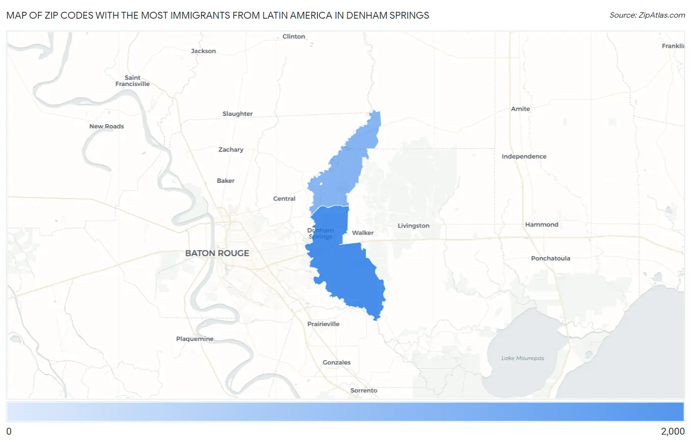 Zip Codes with the Most Immigrants from Latin America in Denham Springs Map
