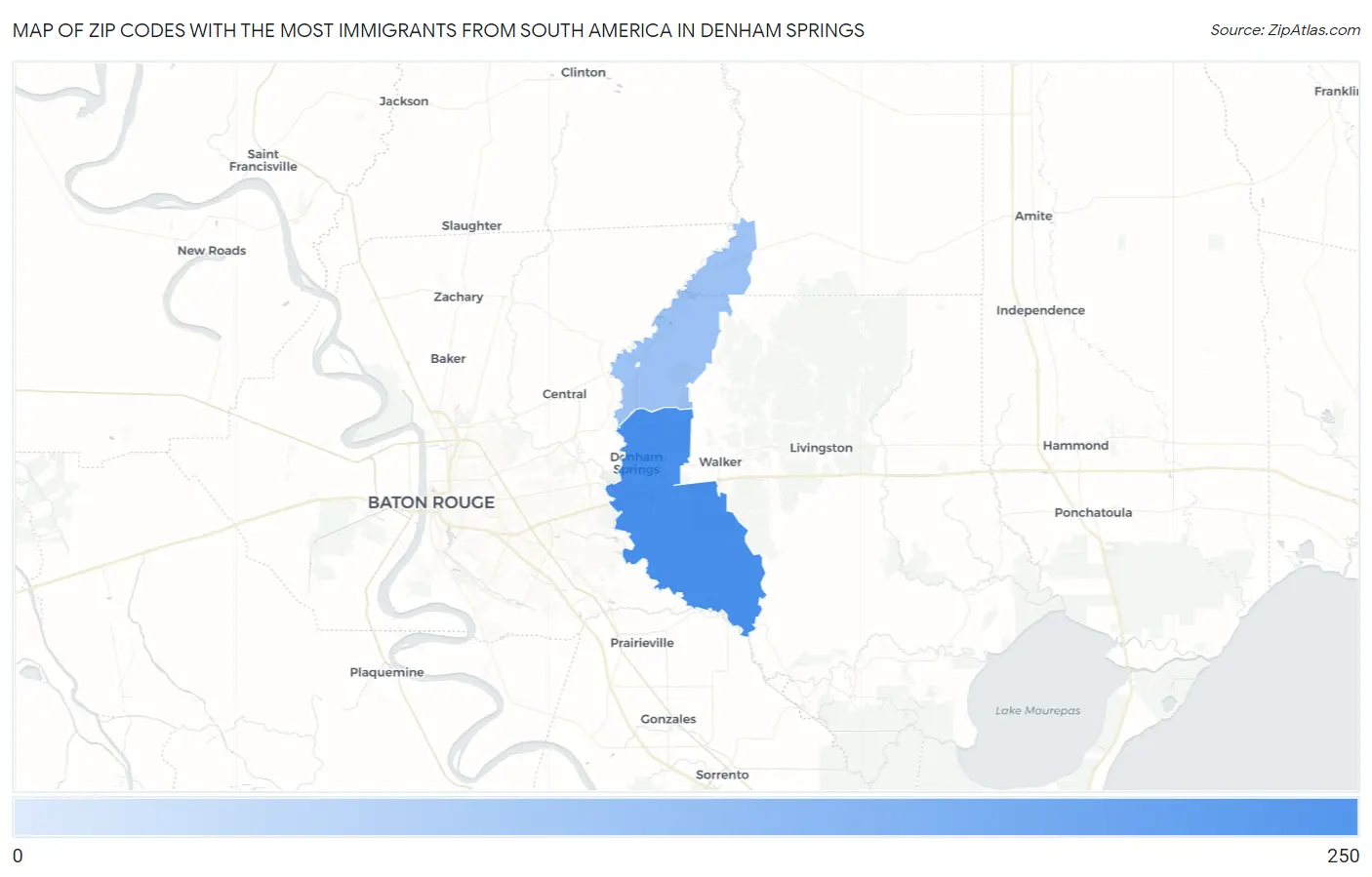 Zip Codes with the Most Immigrants from South America in Denham Springs Map