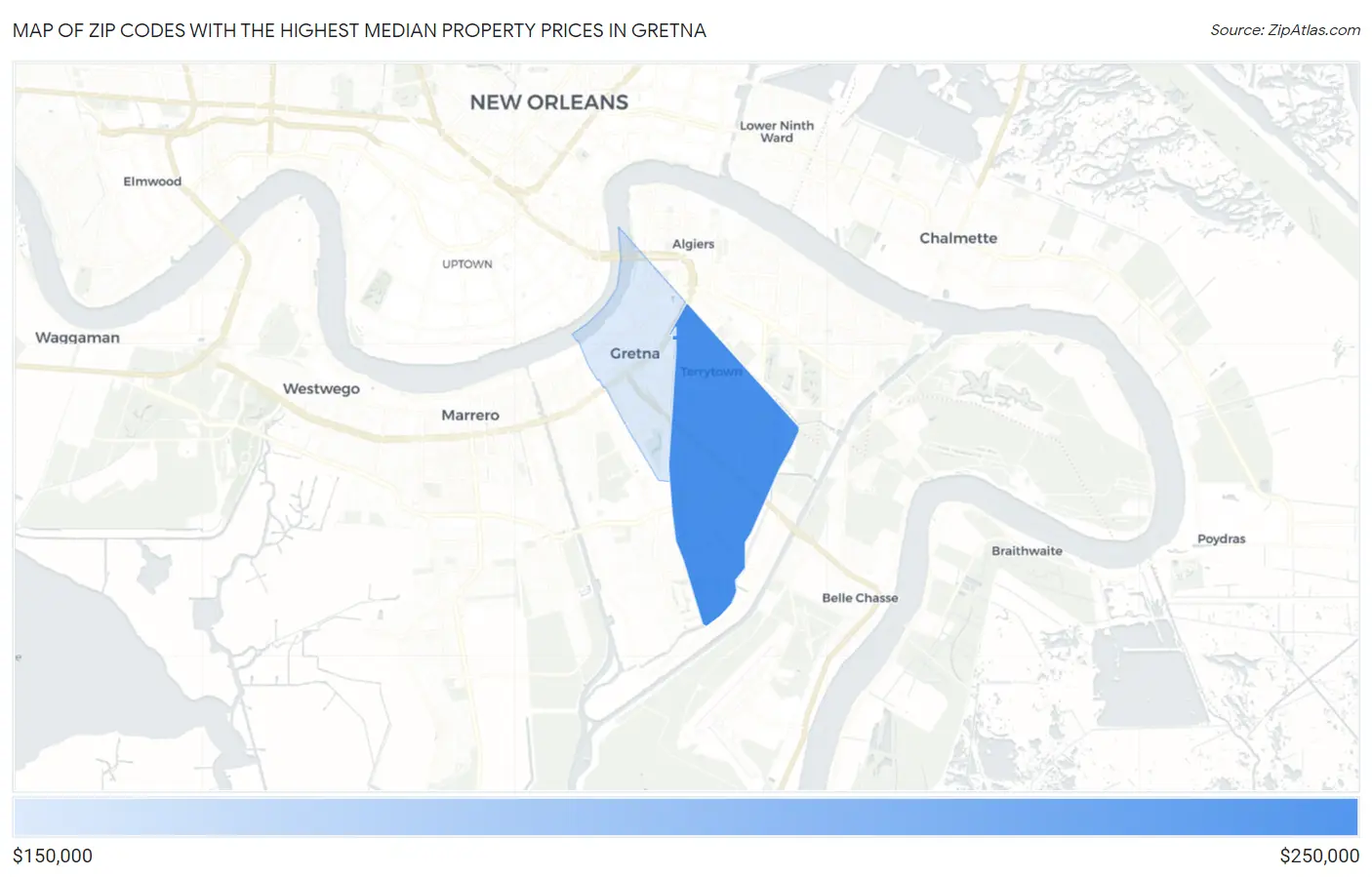 Zip Codes with the Highest Median Property Prices in Gretna Map