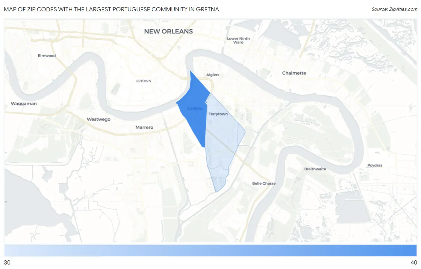 Zip Codes with the Largest Portuguese Community in Gretna Map