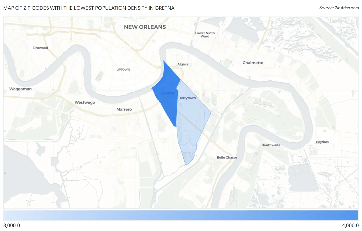 Zip Codes with the Lowest Population Density in Gretna Map
