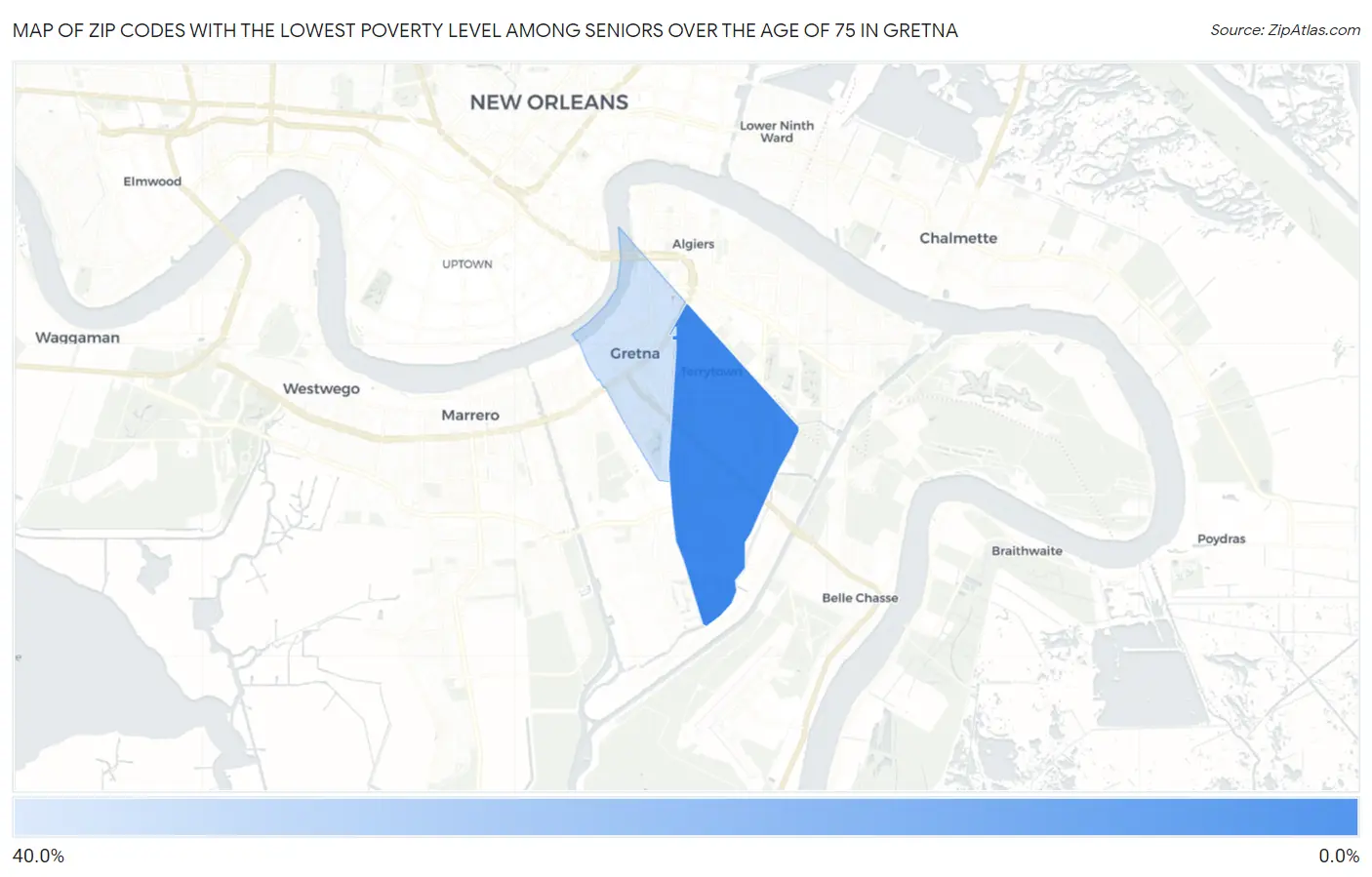 Zip Codes with the Lowest Poverty Level Among Seniors Over the Age of 75 in Gretna Map