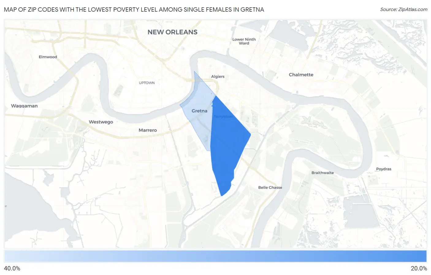 Zip Codes with the Lowest Poverty Level Among Single Females in Gretna Map