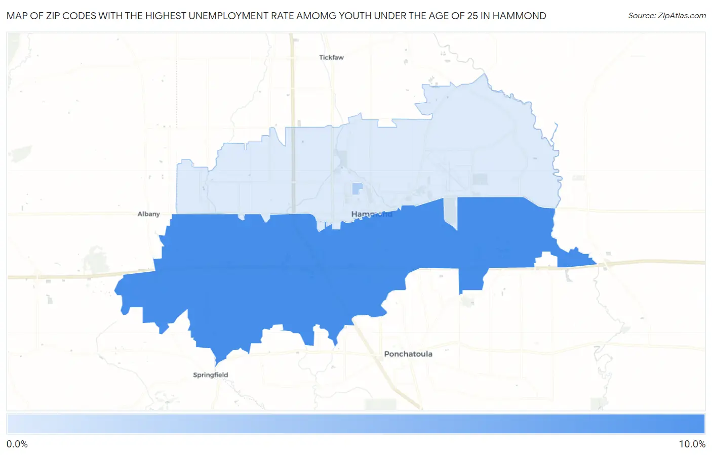 Zip Codes with the Highest Unemployment Rate Amomg Youth Under the Age of 25 in Hammond Map