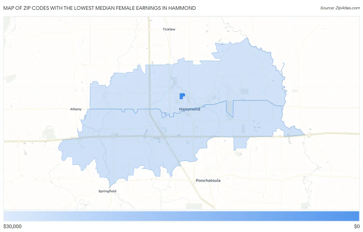 Zip Codes with the Lowest Median Female Earnings in Hammond Map