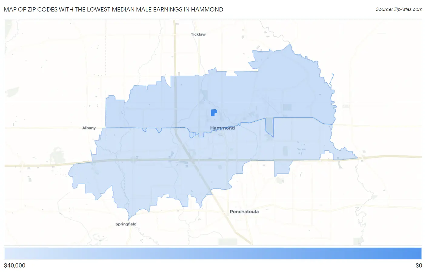 Zip Codes with the Lowest Median Male Earnings in Hammond Map