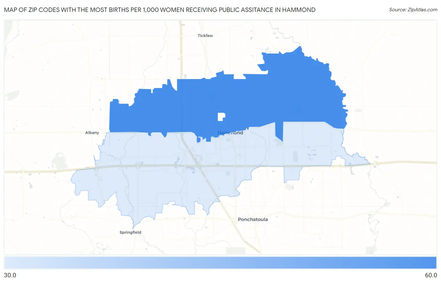 Zip Codes with the Most Births per 1,000 Women Receiving Public Assitance in Hammond Map
