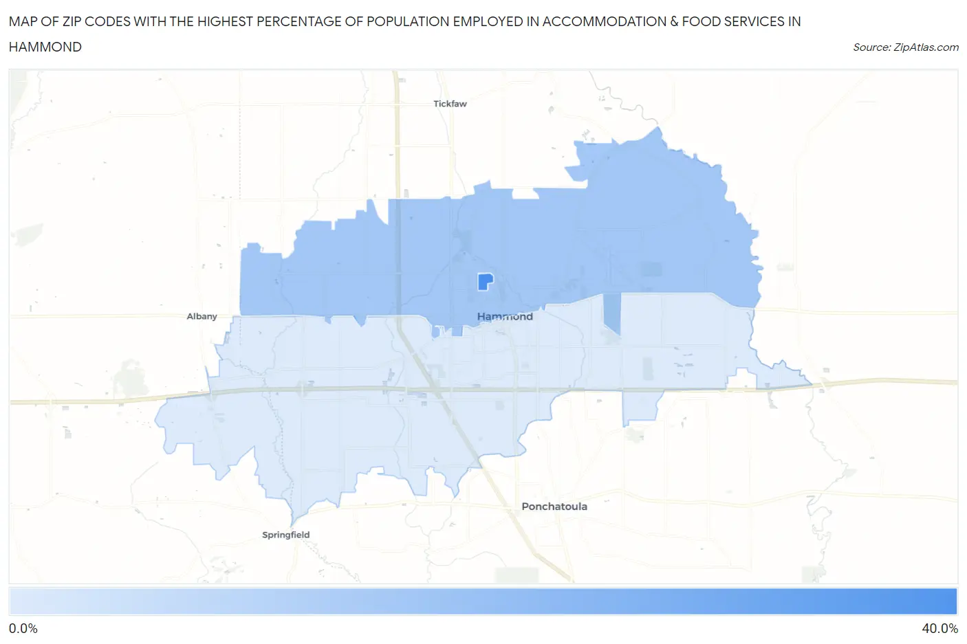 Zip Codes with the Highest Percentage of Population Employed in Accommodation & Food Services in Hammond Map