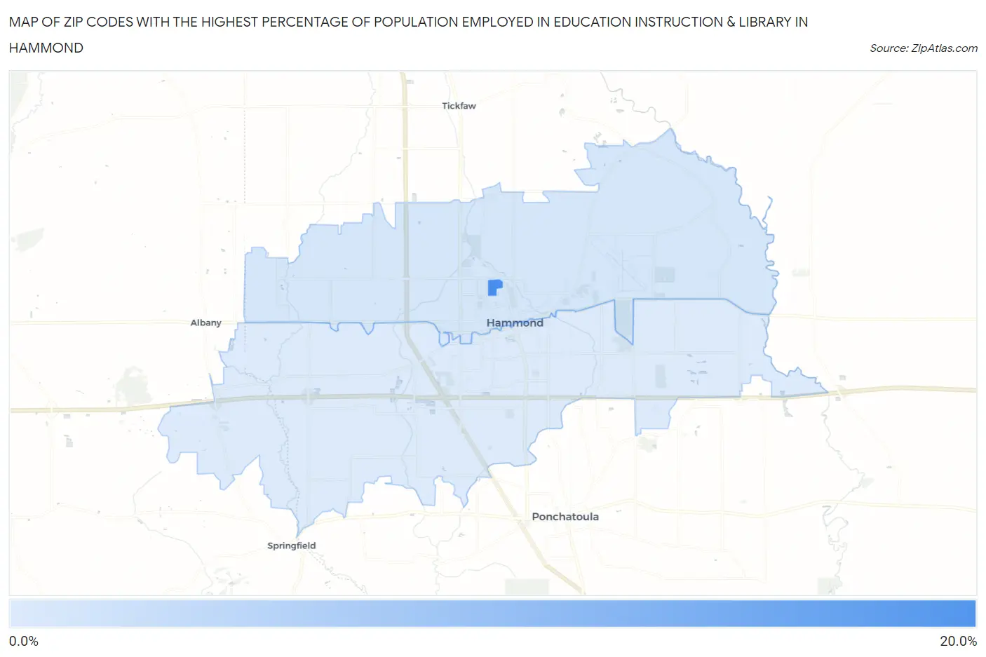 Zip Codes with the Highest Percentage of Population Employed in Education Instruction & Library in Hammond Map