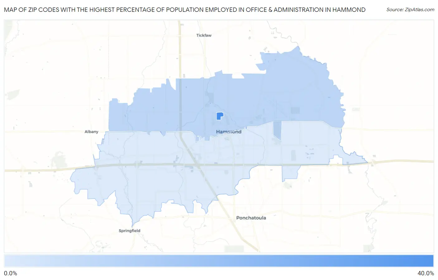 Zip Codes with the Highest Percentage of Population Employed in Office & Administration in Hammond Map