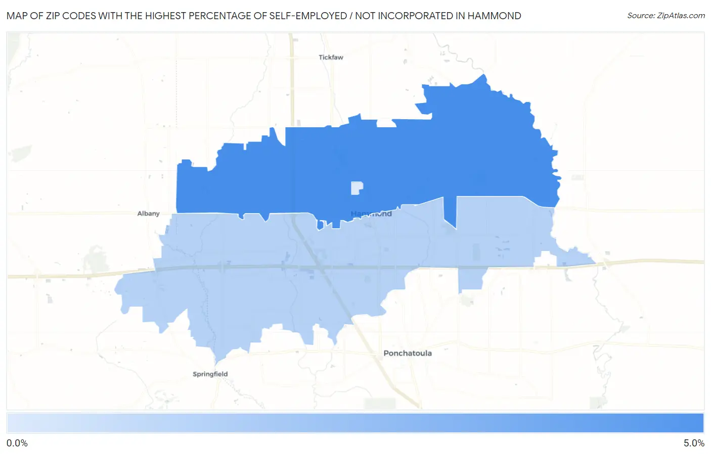 Zip Codes with the Highest Percentage of Self-Employed / Not Incorporated in Hammond Map