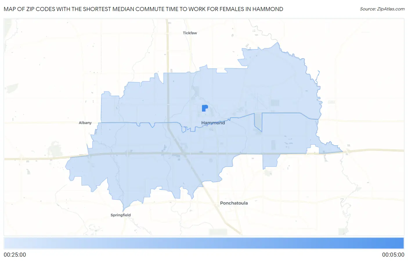 Zip Codes with the Shortest Median Commute Time to Work for Females in Hammond Map