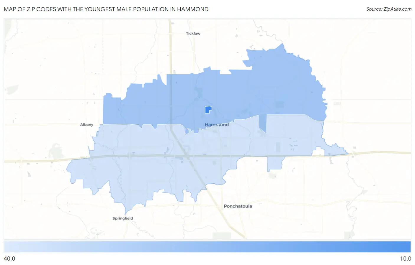 Zip Codes with the Youngest Male Population in Hammond Map