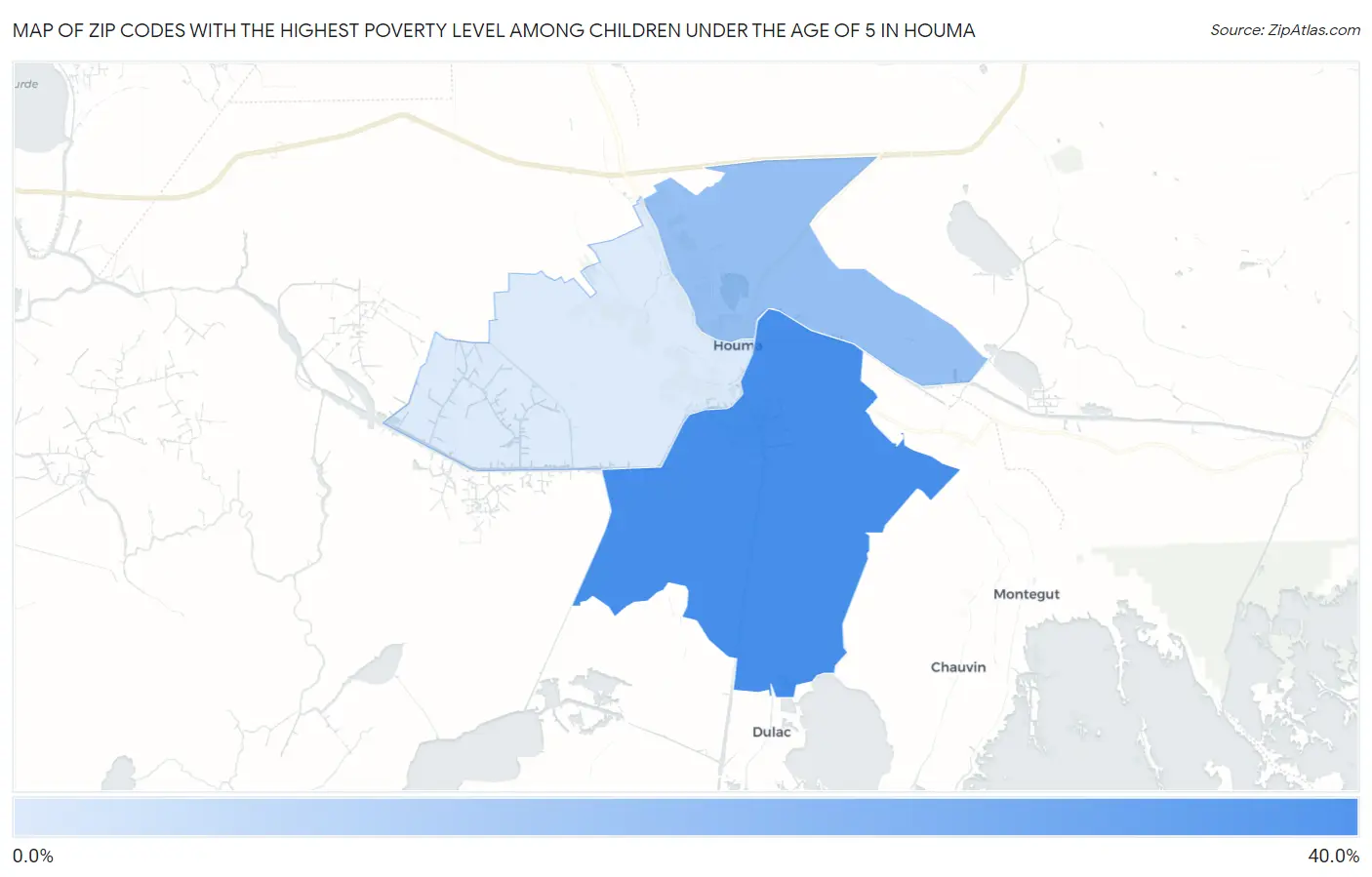 Zip Codes with the Highest Poverty Level Among Children Under the Age of 5 in Houma Map