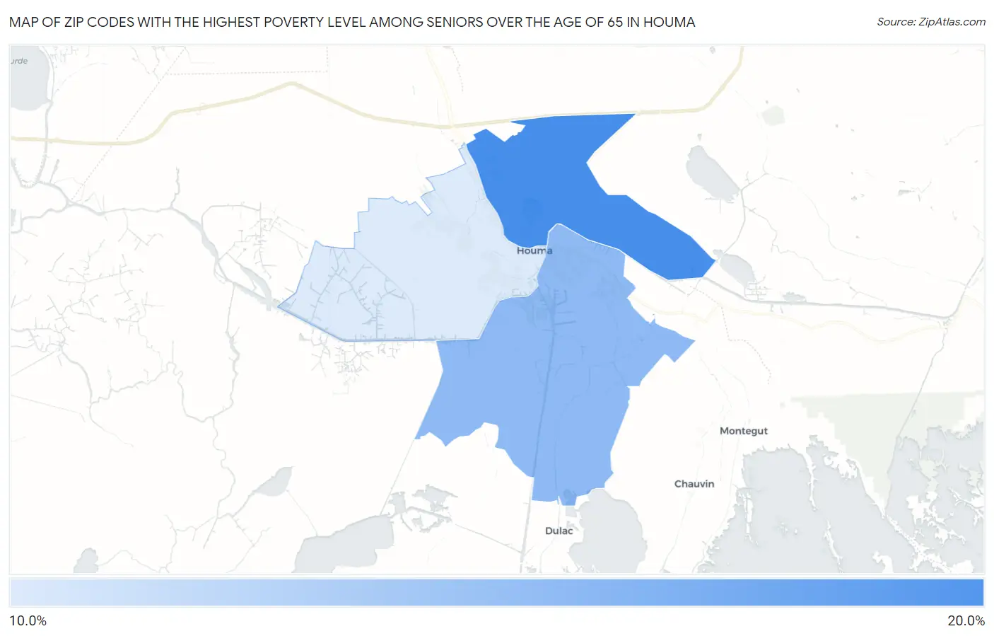 Zip Codes with the Highest Poverty Level Among Seniors Over the Age of 65 in Houma Map