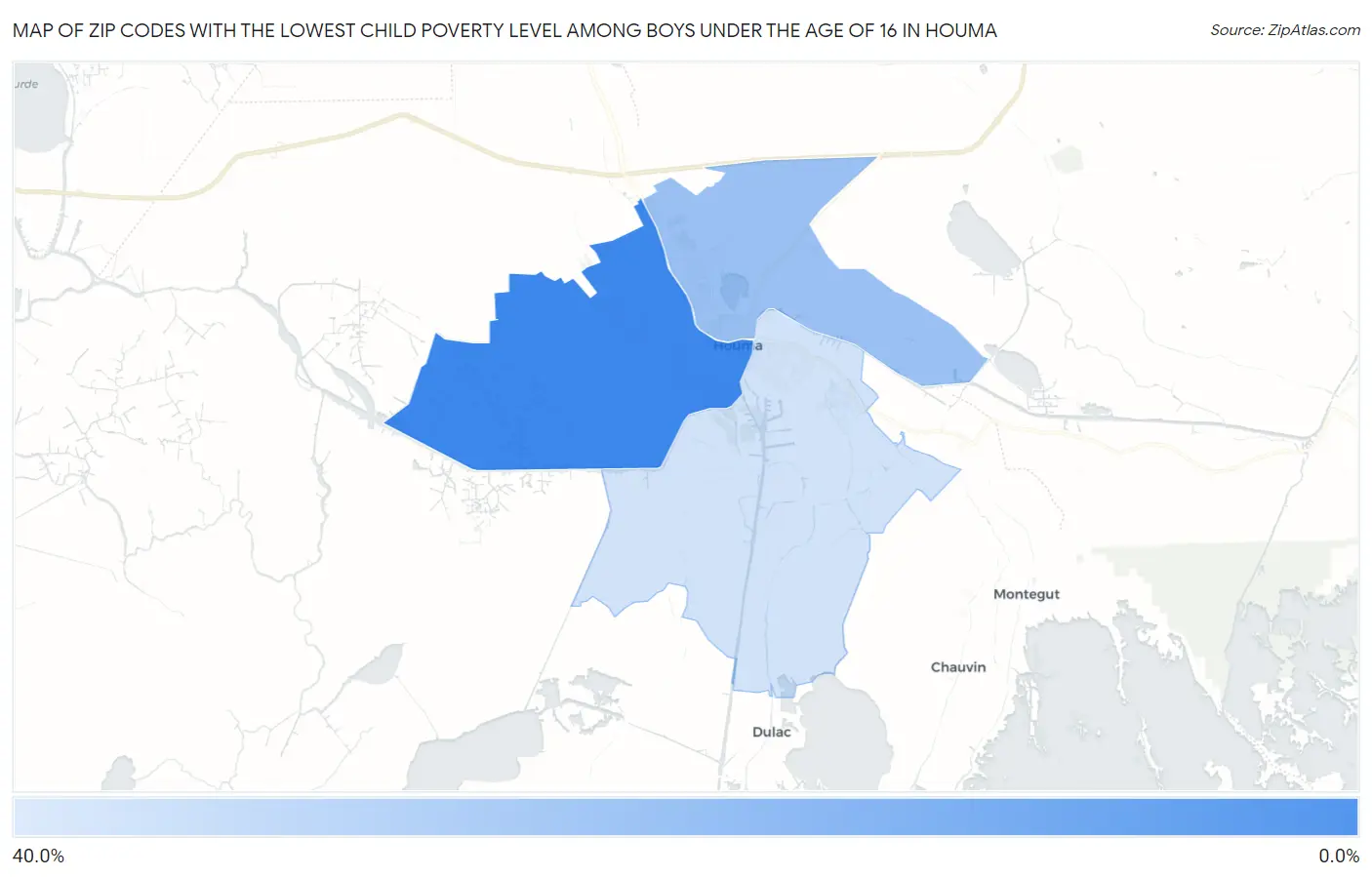 Zip Codes with the Lowest Child Poverty Level Among Boys Under the Age of 16 in Houma Map