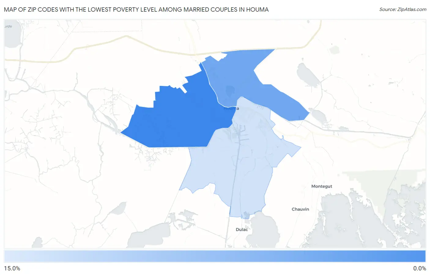 Zip Codes with the Lowest Poverty Level Among Married Couples in Houma Map