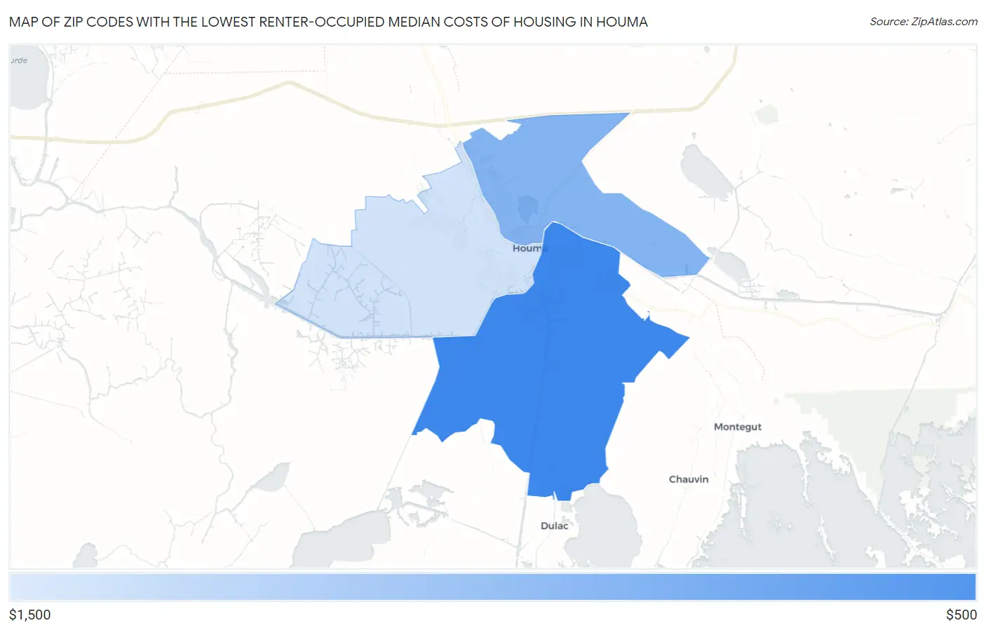 Zip Codes with the Lowest Renter-Occupied Median Costs of Housing in Houma Map