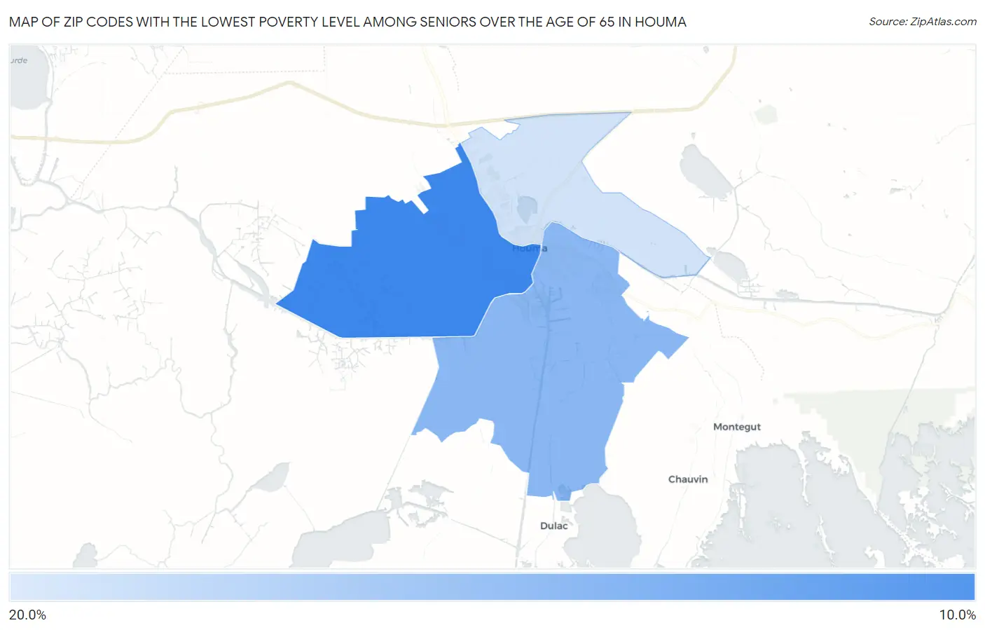 Zip Codes with the Lowest Poverty Level Among Seniors Over the Age of 65 in Houma Map