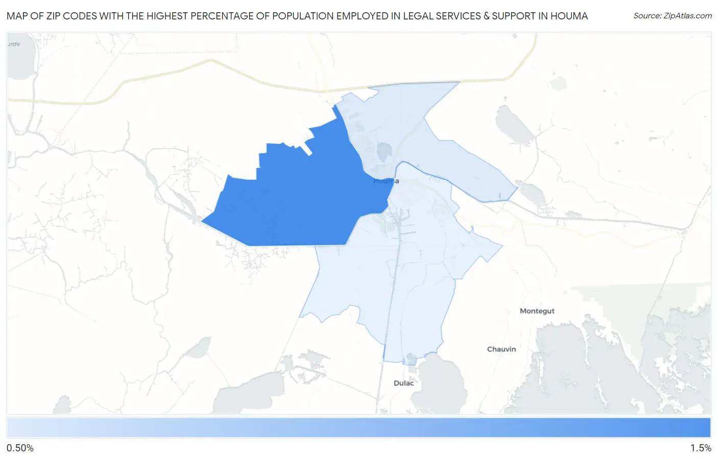 Zip Codes with the Highest Percentage of Population Employed in Legal Services & Support in Houma Map