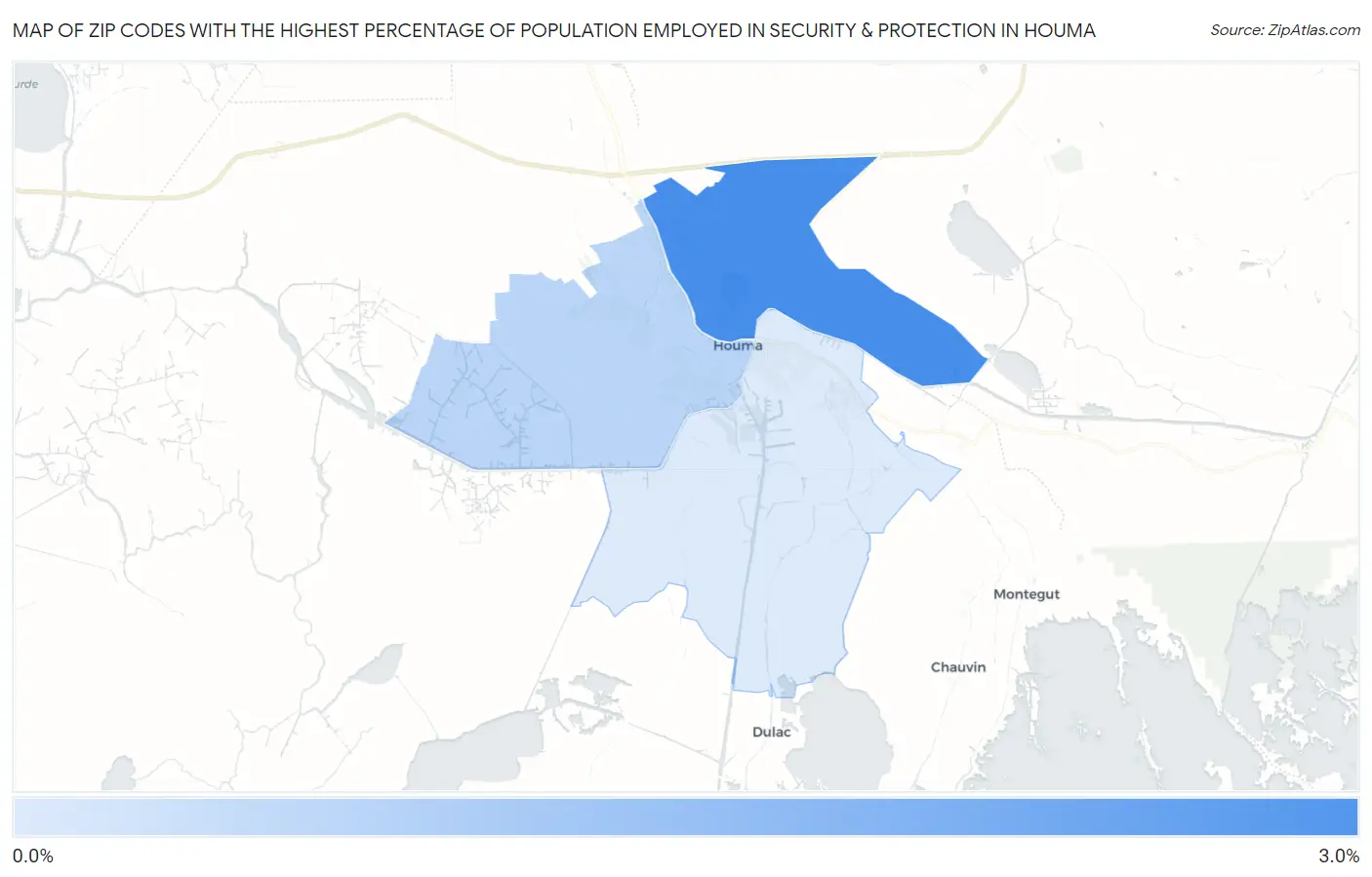 Zip Codes with the Highest Percentage of Population Employed in Security & Protection in Houma Map