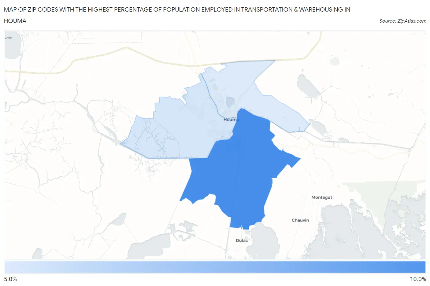 Zip Codes with the Highest Percentage of Population Employed in Transportation & Warehousing in Houma Map
