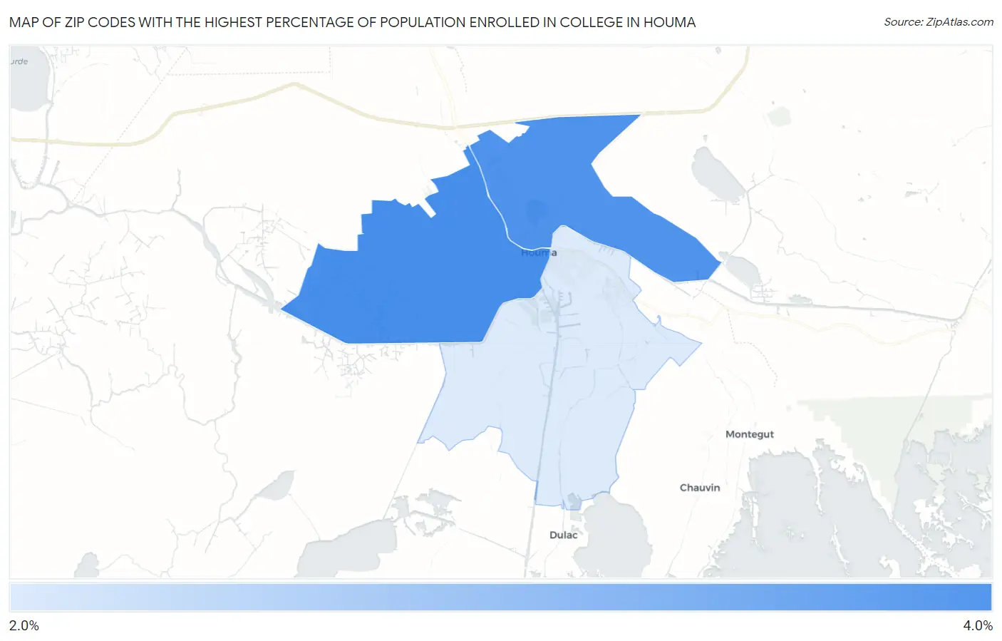 Zip Codes with the Highest Percentage of Population Enrolled in College in Houma Map