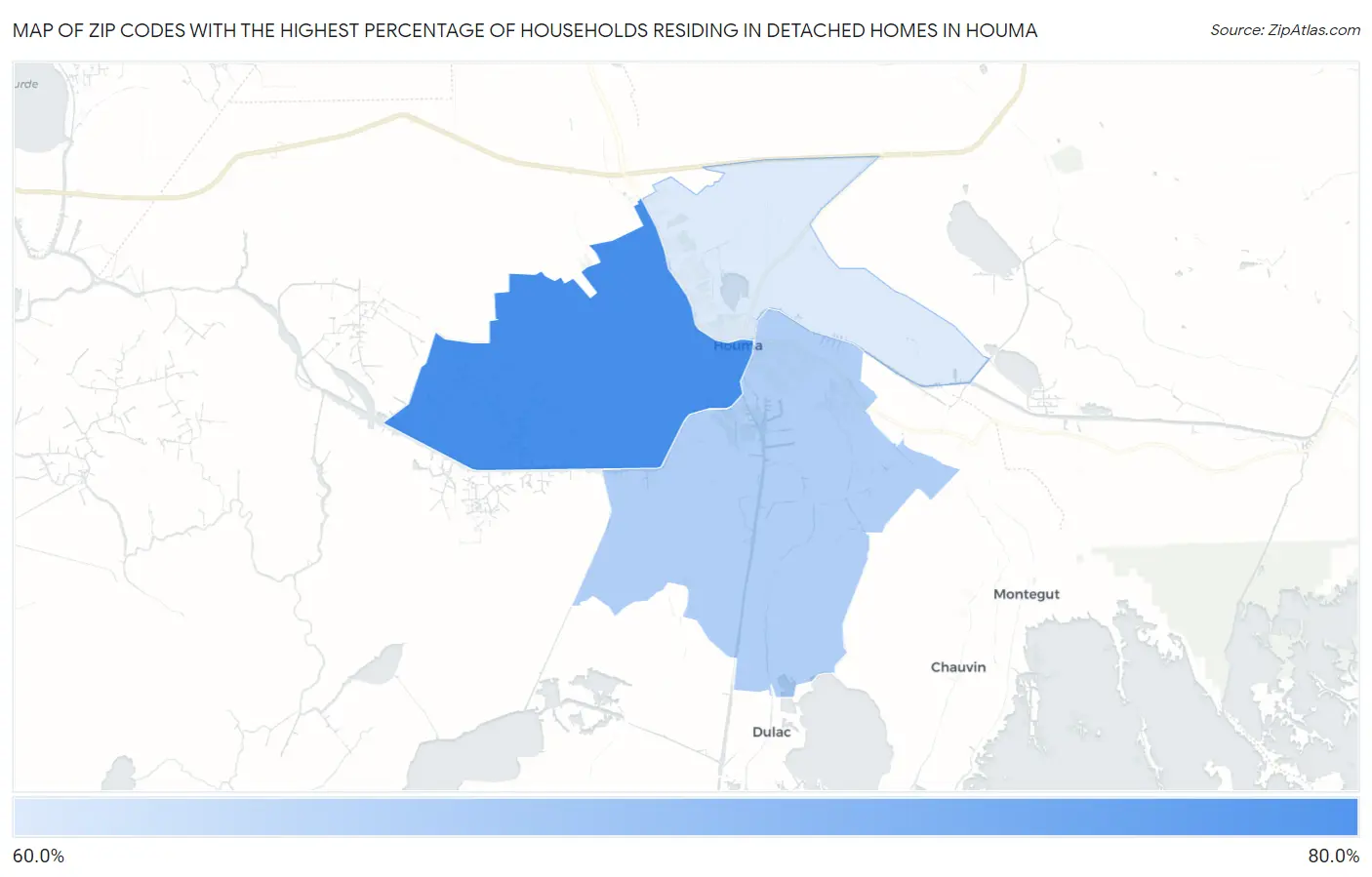 Zip Codes with the Highest Percentage of Households Residing in Detached Homes in Houma Map