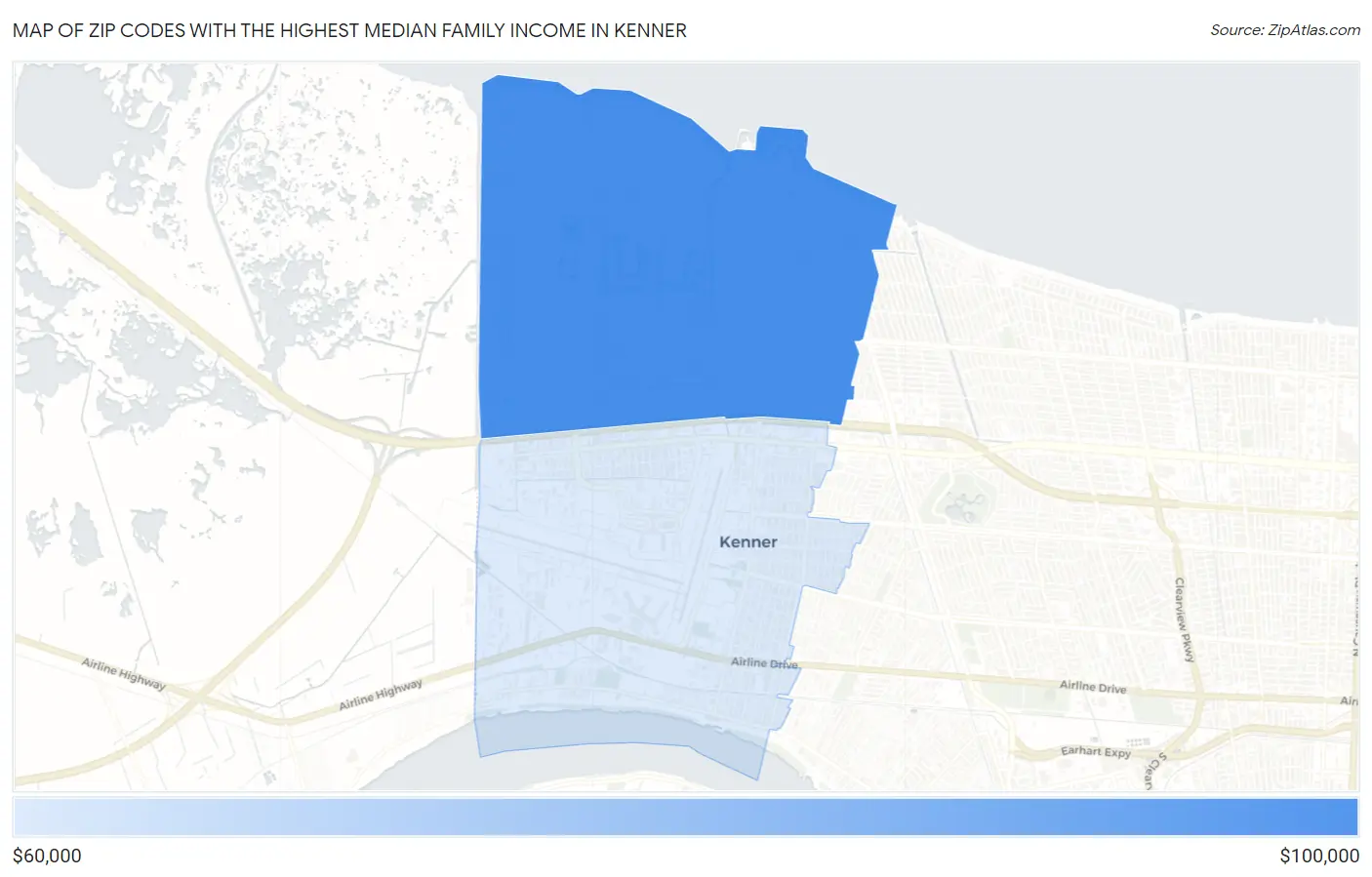 Zip Codes with the Highest Median Family Income in Kenner Map