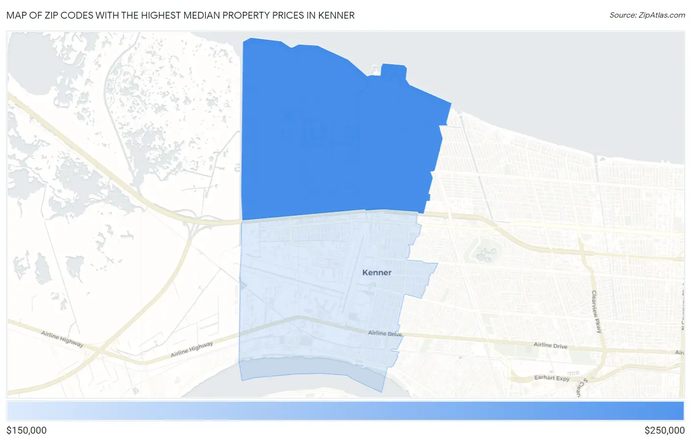 Zip Codes with the Highest Median Property Prices in Kenner Map