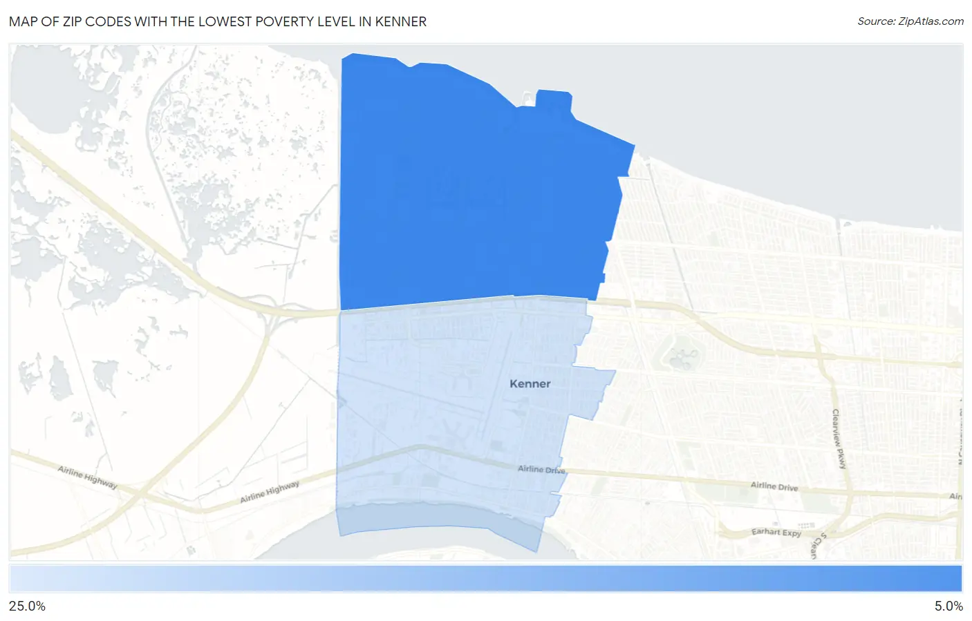 Zip Codes with the Lowest Poverty Level in Kenner Map
