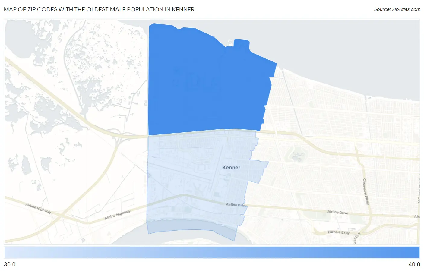 Zip Codes with the Oldest Male Population in Kenner Map