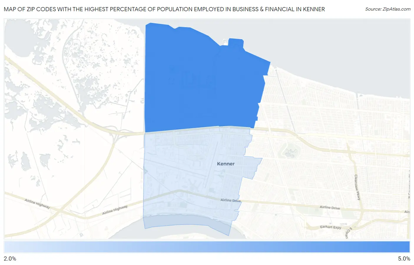 Zip Codes with the Highest Percentage of Population Employed in Business & Financial in Kenner Map