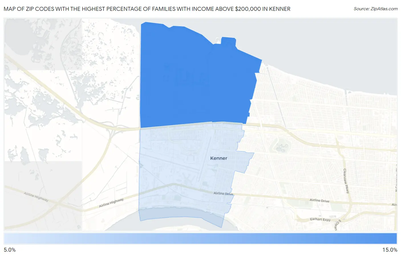 Zip Codes with the Highest Percentage of Families with Income Above $200,000 in Kenner Map