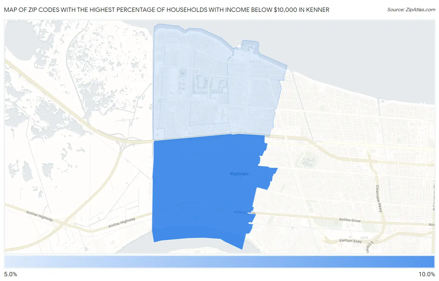 Zip Codes with the Highest Percentage of Households with Income Below $10,000 in Kenner Map