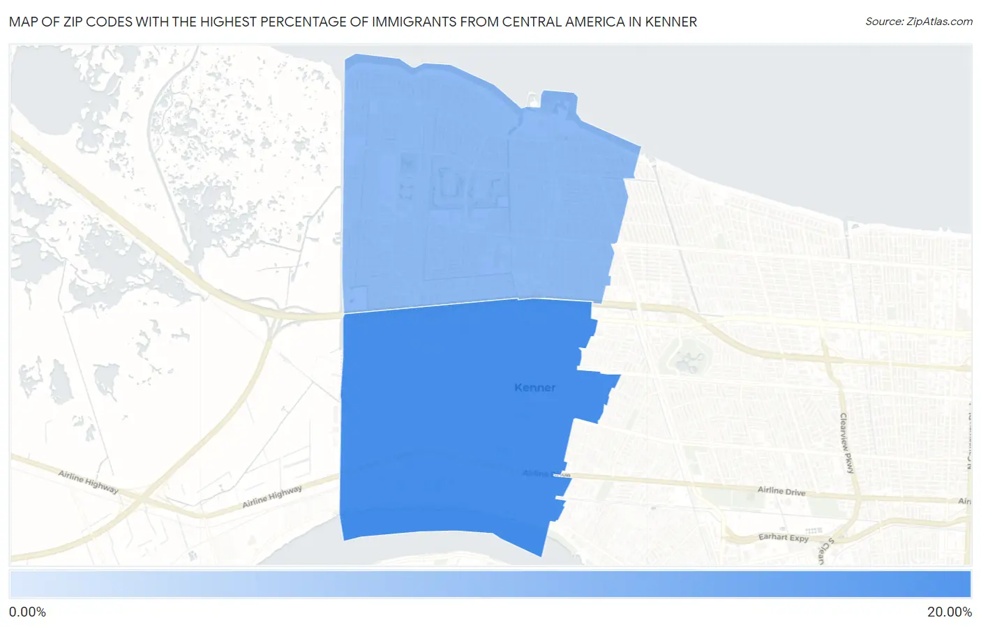 Zip Codes with the Highest Percentage of Immigrants from Central America in Kenner Map