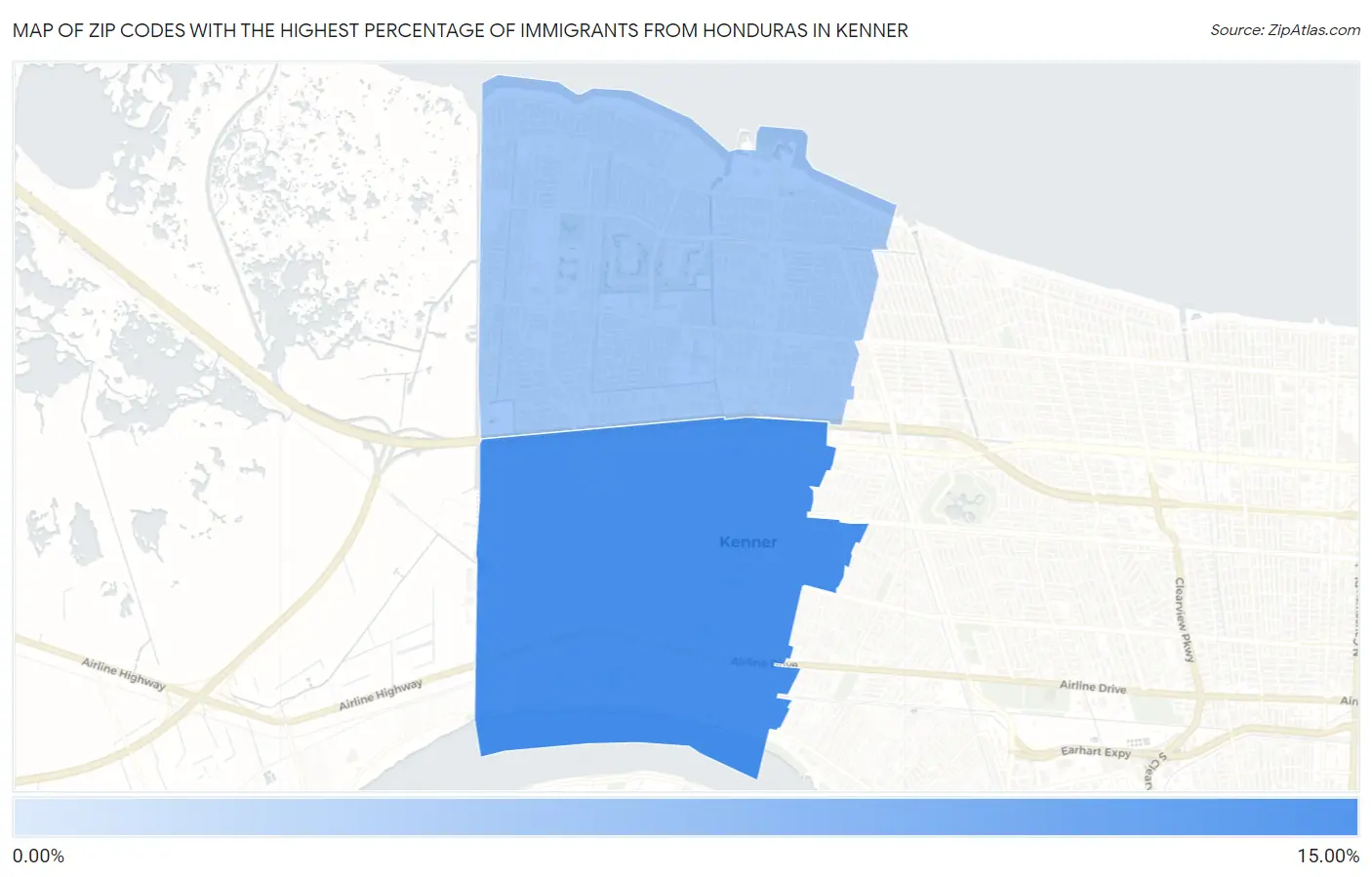 Zip Codes with the Highest Percentage of Immigrants from Honduras in Kenner Map