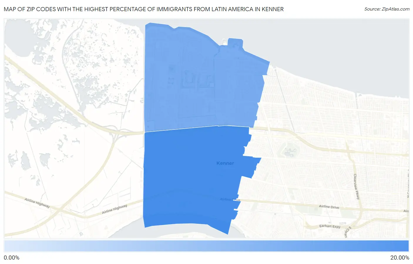 Zip Codes with the Highest Percentage of Immigrants from Latin America in Kenner Map