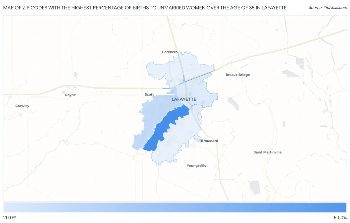 Zip Codes with the Highest Percentage of Births to Unmarried Women over the Age of 35 in Lafayette Map