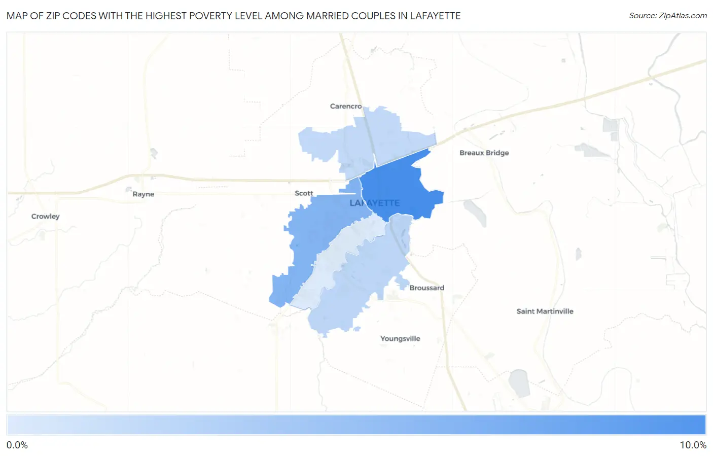 Zip Codes with the Highest Poverty Level Among Married Couples in Lafayette Map
