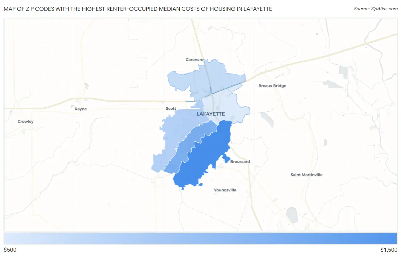 Zip Codes with the Highest Renter-Occupied Median Costs of Housing in Lafayette Map