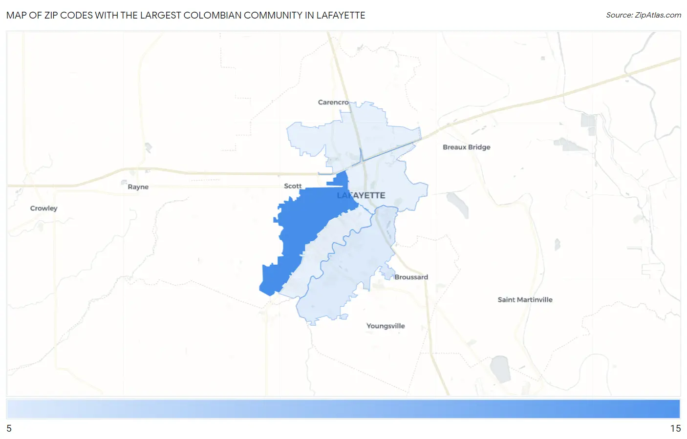 Zip Codes with the Largest Colombian Community in Lafayette Map