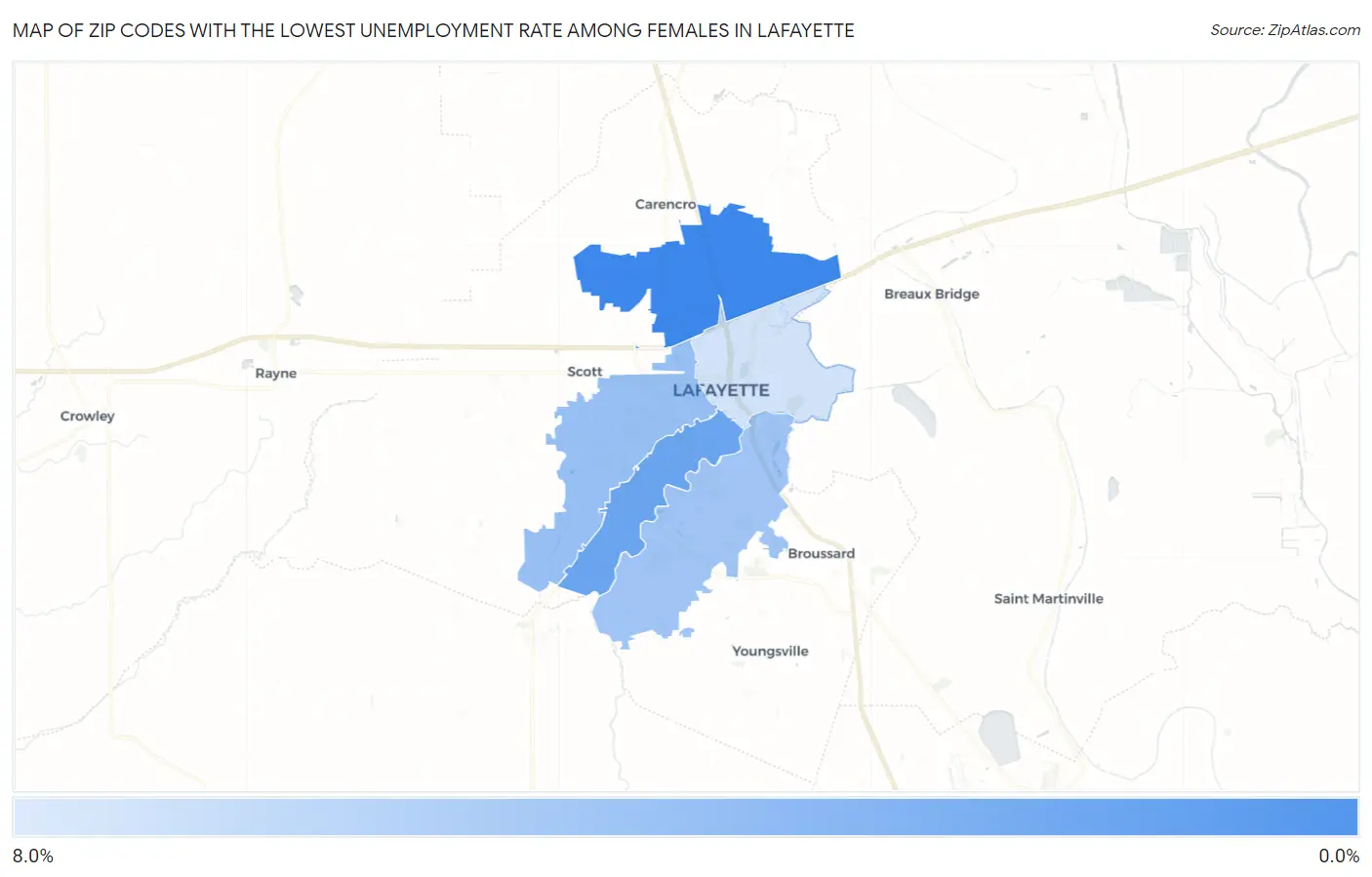 Zip Codes with the Lowest Unemployment Rate Among Females in Lafayette Map