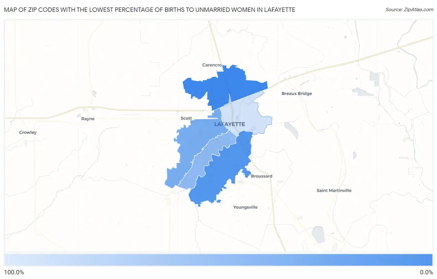 Zip Codes with the Lowest Percentage of Births to Unmarried Women in Lafayette Map