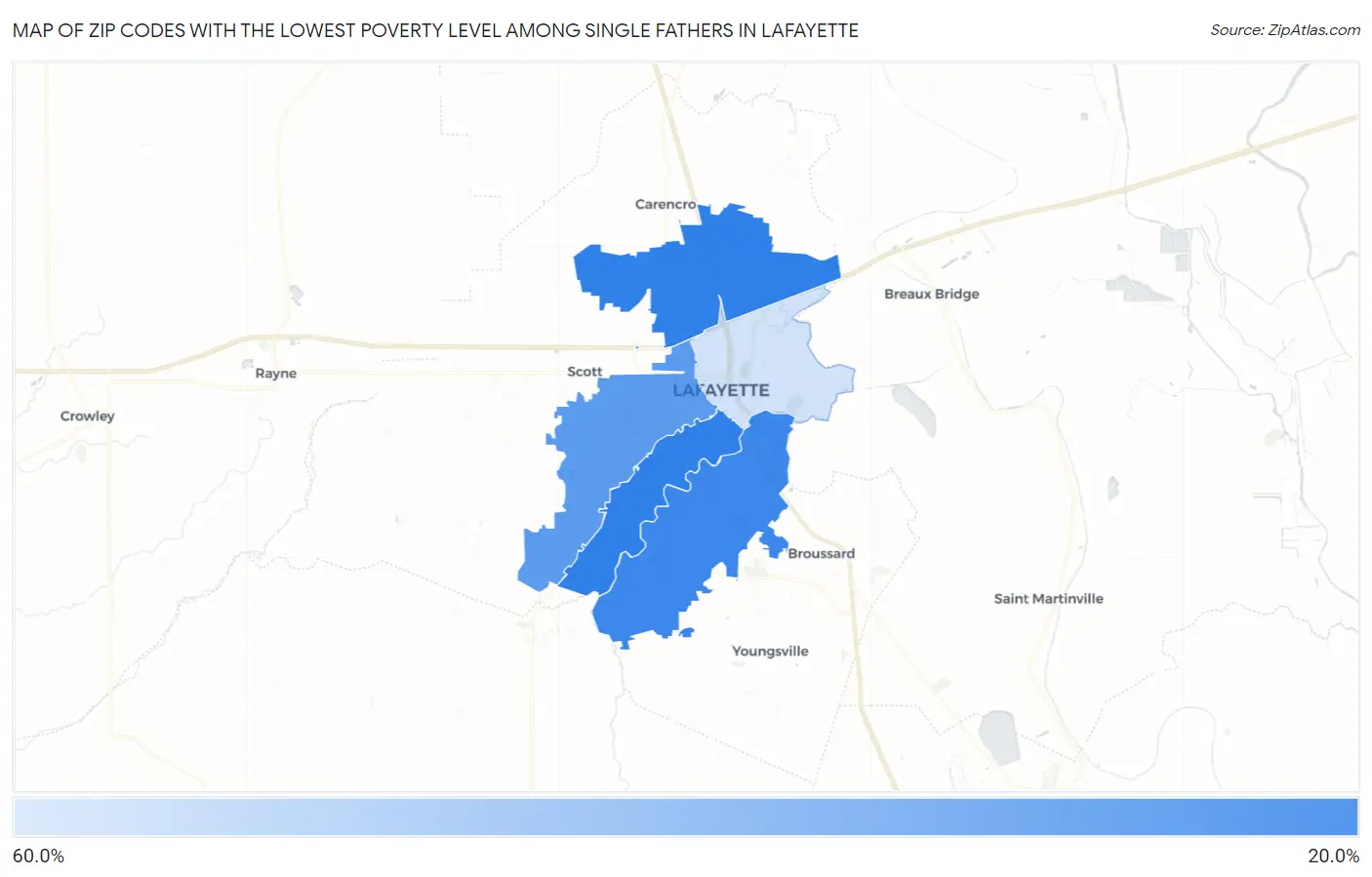 Zip Codes with the Lowest Poverty Level Among Single Fathers in Lafayette Map