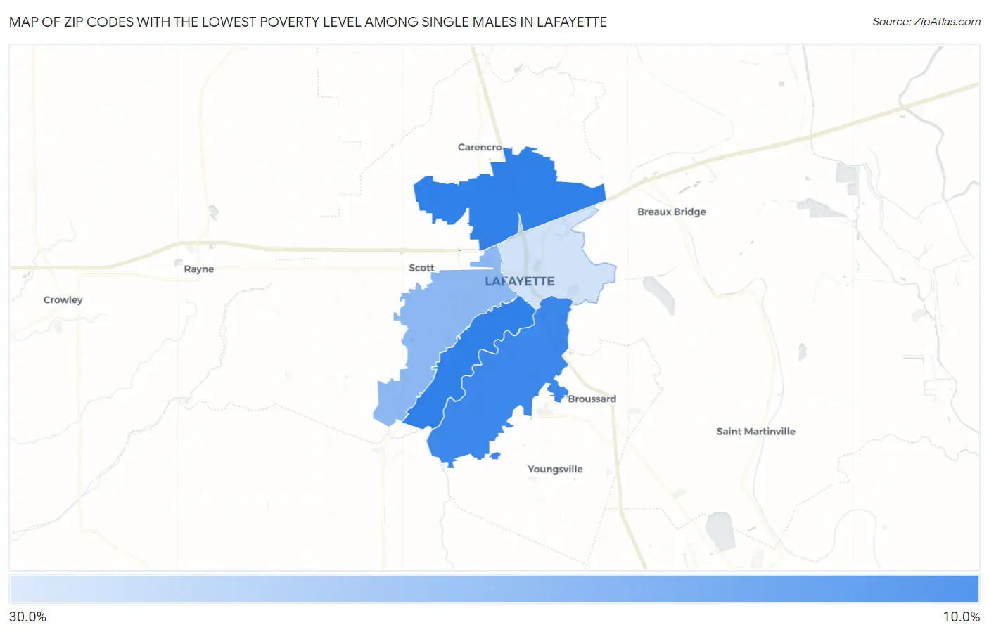 Zip Codes with the Lowest Poverty Level Among Single Males in Lafayette Map