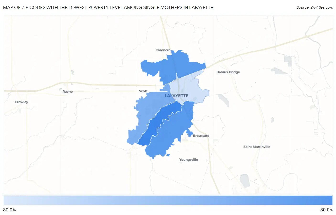 Zip Codes with the Lowest Poverty Level Among Single Mothers in Lafayette Map