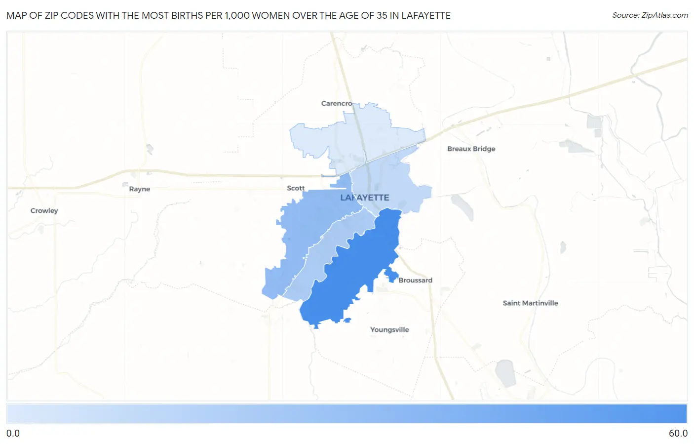 Zip Codes with the Most Births per 1,000 Women Over the Age of 35 in Lafayette Map