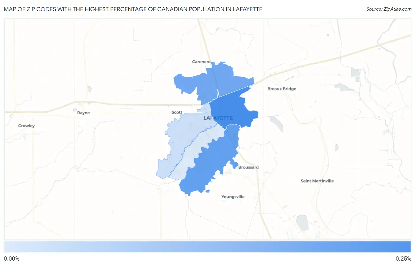 Zip Codes with the Highest Percentage of Canadian Population in Lafayette Map