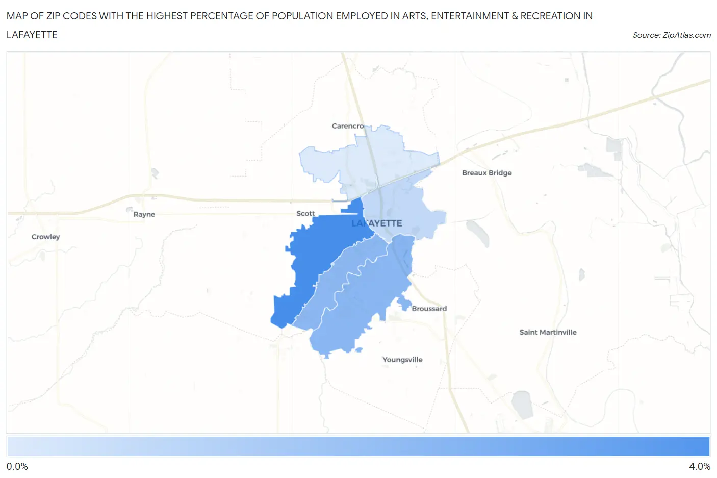 Zip Codes with the Highest Percentage of Population Employed in Arts, Entertainment & Recreation in Lafayette Map